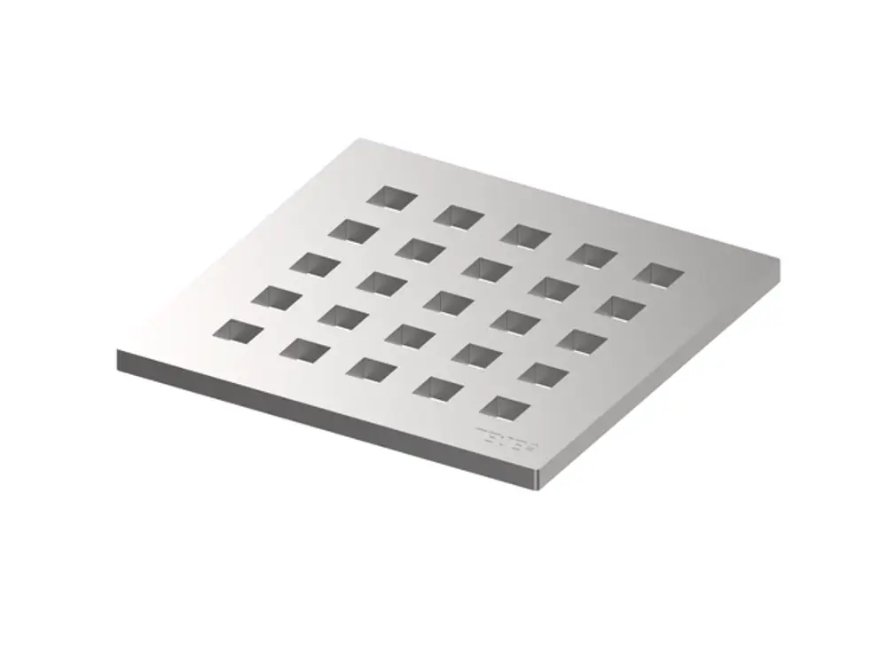 Edelstahlrost mit quadratischem Design und einem Gittermuster, hergestellt von TECE. Geeignet für die Verwendung in Ablaufbereichen.